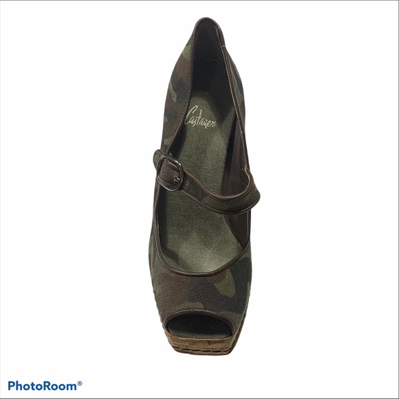 Castaner Silvia Camo Print Cork Espadrille Peep Toe Mary Jane Strap Sz 7.5 - Picture 5 of 11